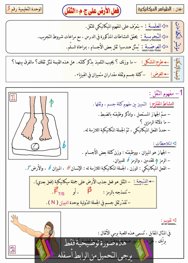 درس فعل الأرض على جملة ميكانيكية (الثقل) للسنة الرابعة متوسط