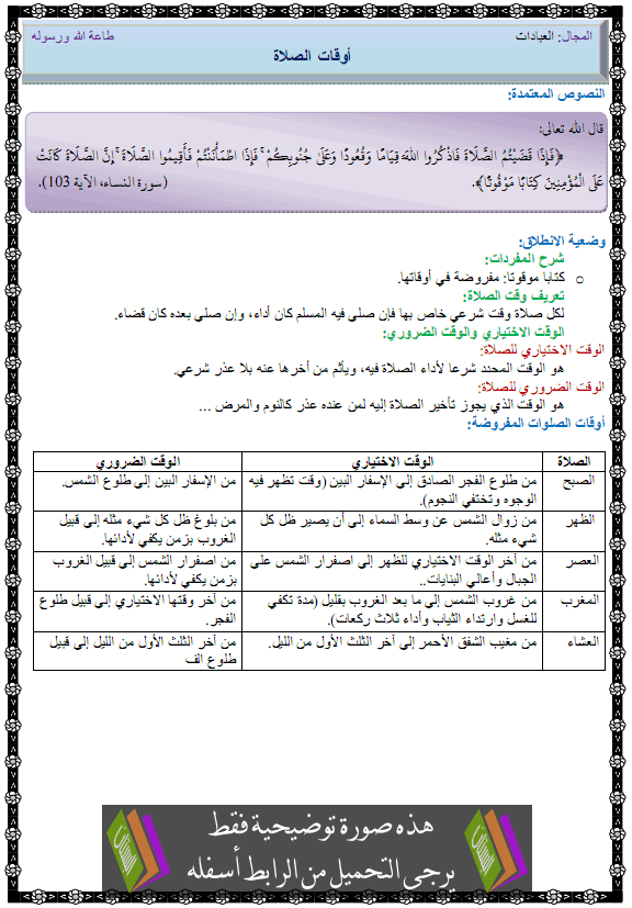 درس أوقات الصلاة – الأولى متوسط