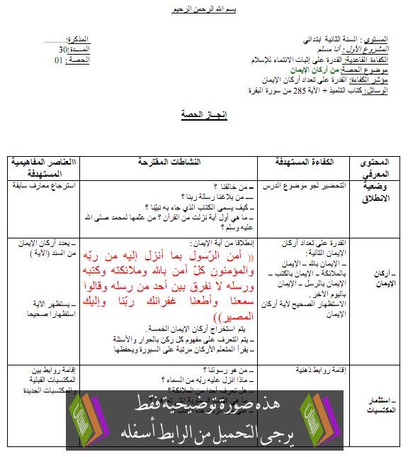 مذكرات التربية الاسلامية للسنة الثانية ابتدائي