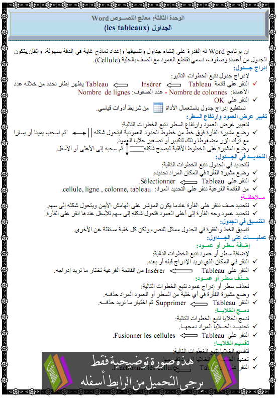 درس الجداول (les tableaux) – جذع مشترك آداب وعلوم