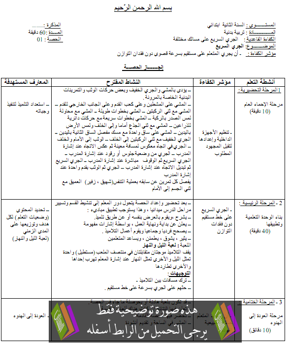 مذكرات التربية البدنية للسنة الثانية ابتدائي