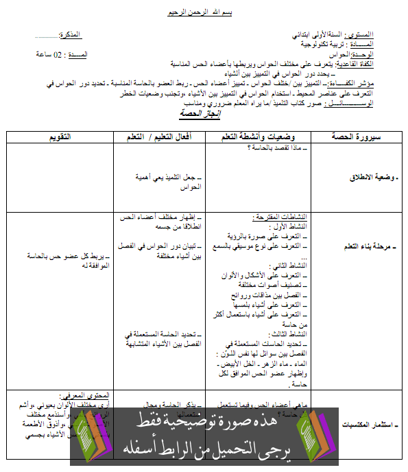 مذكرات التربية التكنولوجية للسنة الاولى ابتدائي