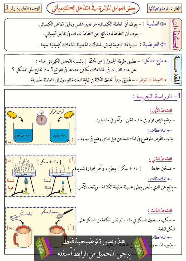 درس بعض العوامل المؤثرة في التفاعل الكيميائي للسنة الثالثة متوسط