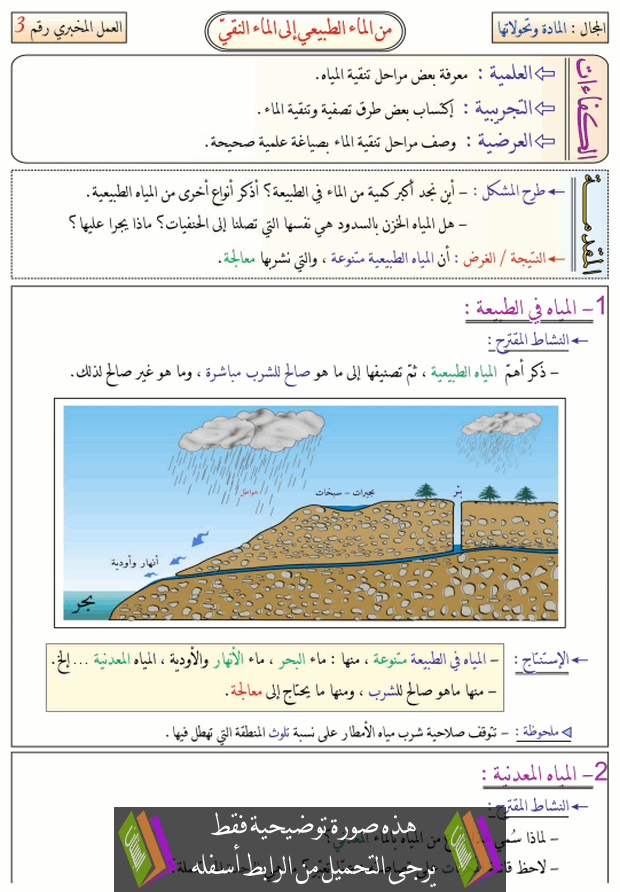 عمل مخبري من الماء الطبيعي إلى الماء النقي المادة للسنة الأولى متوسط