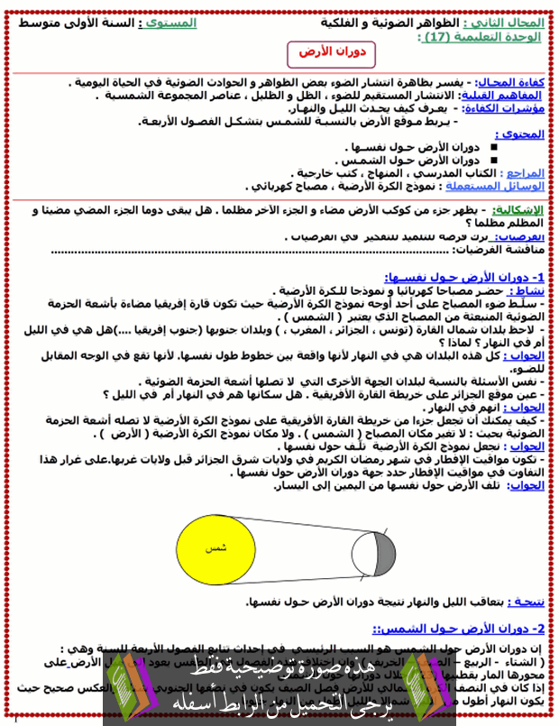 درس دوران الأرض للسنة الأولى متوسط
