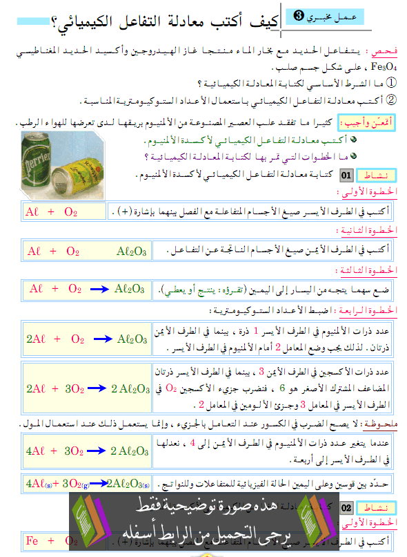 درس العلوم الفيزيائية والتكنولوجيا: كيف أكتب معادلة تفاعل كيميائي ؟ – الثالثة متوسط
