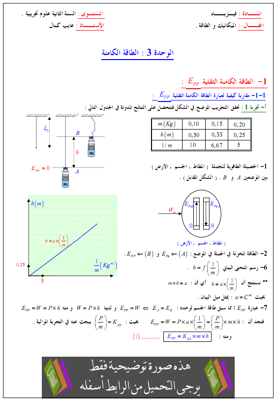 درس الطاقة الكامنة - الثقلية والمرونية - الثانية الثانية ثانوي الشعب العلمية