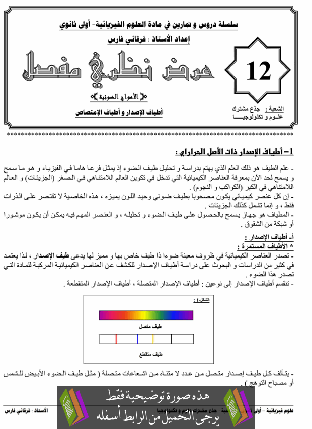 درس أطياف الاصدار وأطياف الامتصاص الأولى ثانوي جذع مشترك علوم وتكنولوجيا