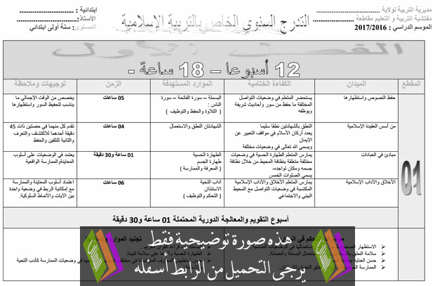 التوزيع السنوي في التربية الإسلامية للسنة الأولى ابتدائي